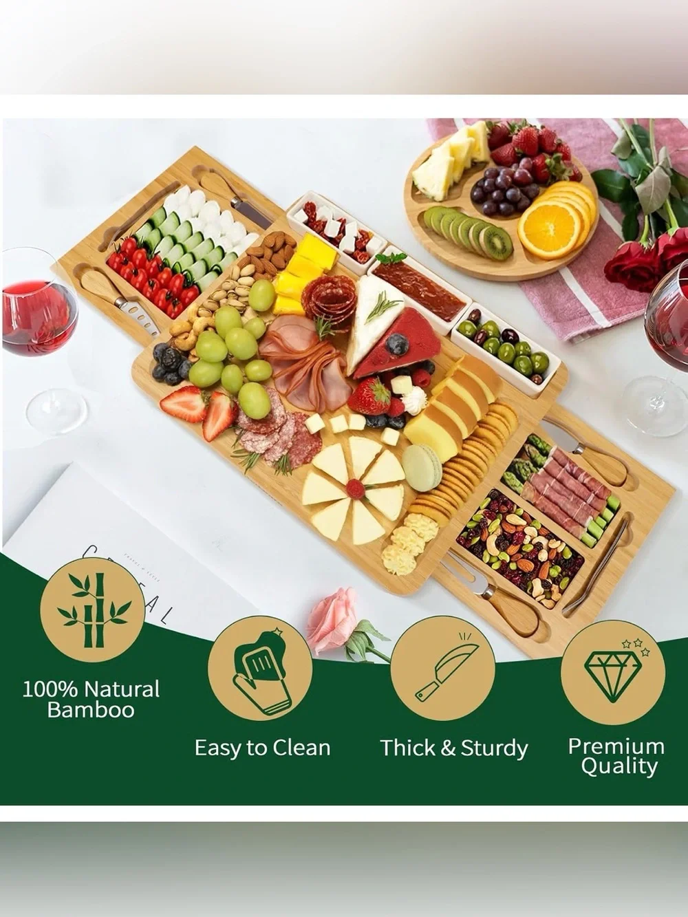 Bamboo Charcuterie & Cheese Serving Board Set - Natural Wood